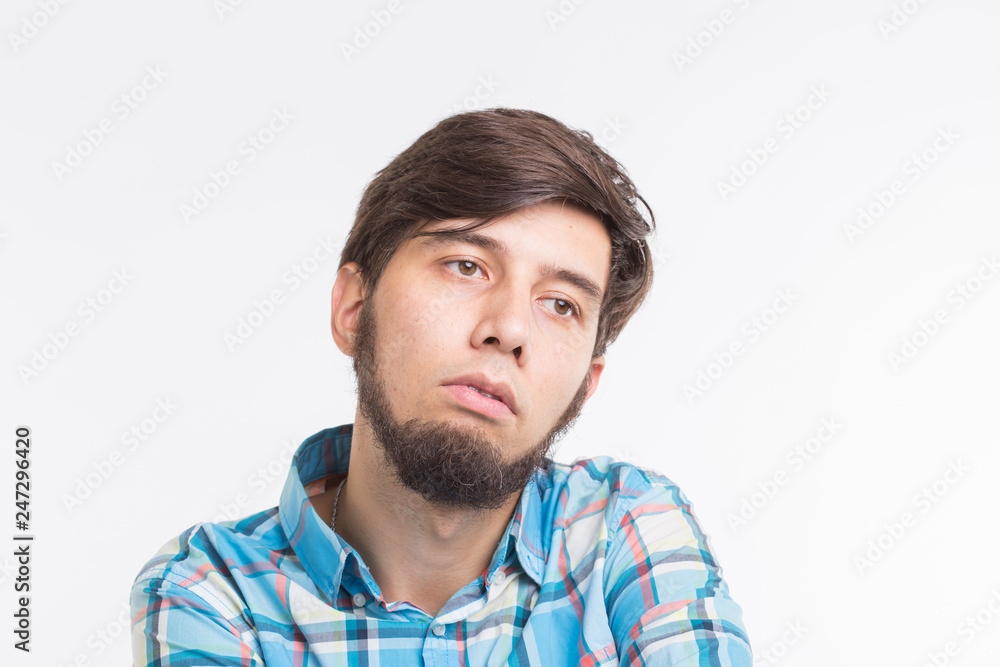 Process, problem, people concept - young man thinking about problem Process, problem, people concept - young man thinking about problem