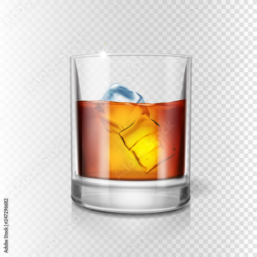Transparent realistic glass of whiskey and ice isolated. Scotch in drinking glass illustration