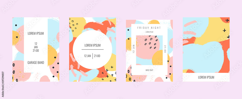 Trendy pastel posters of shapes and doodles. Memphis style background. Design for prints, posters, cards, flyers.