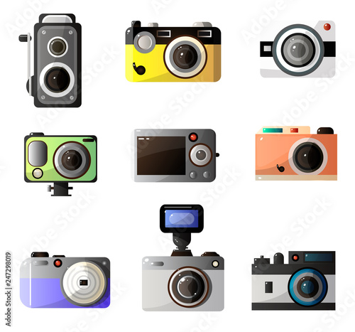 Vintage and Modern Digital Photo Cameras Optical Equipment Set Vector Illustration