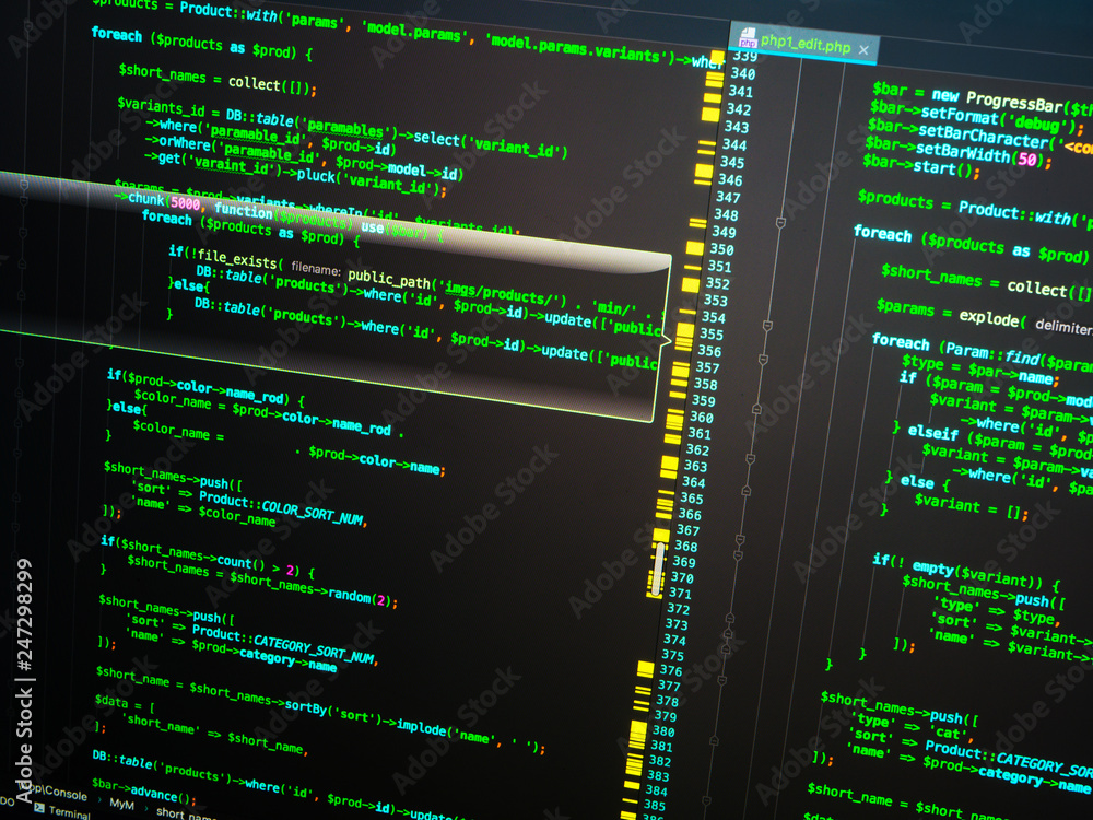 Green php code on dark blue background in code editor, macro Green php code on dark blue background in code editor, macro