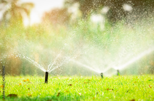 Automatic lawn sprinkler watering green grass. Sprinkler with automatic system. Garden irrigation system watering lawn. Sprinkler system maintenance service. Home service irrigation sprinkler.