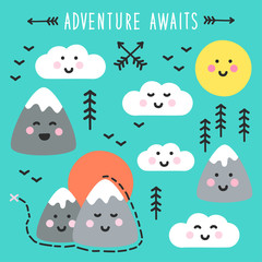 Gordijnen Koraalgroen Cute hand drawn elements with Kawaii Mountains landscape  © C Design Studio