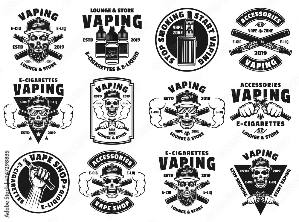 Vaping and electronic cigarettes vector emblems