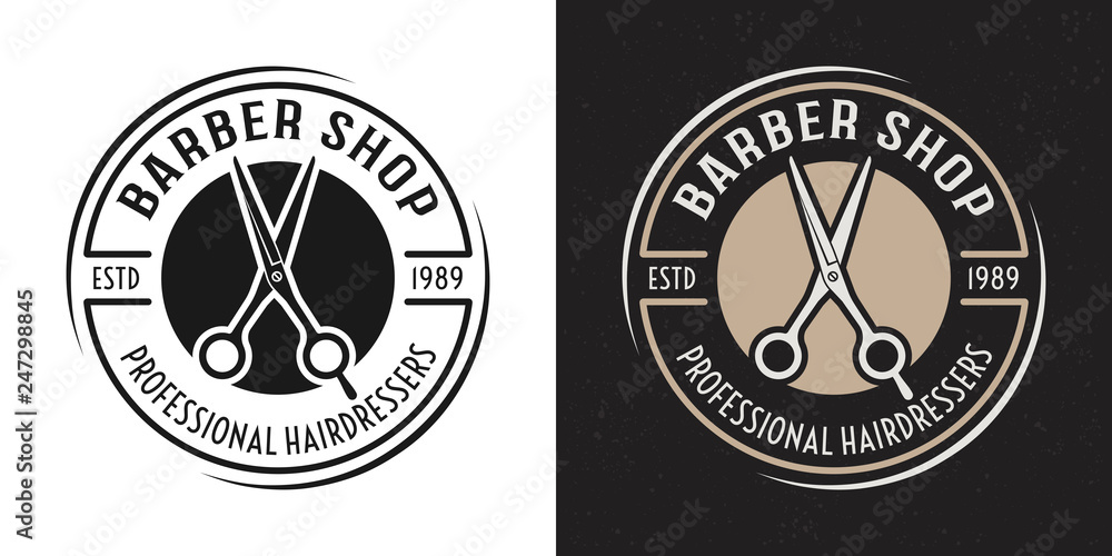 Barbershop vector round badge with scissors 