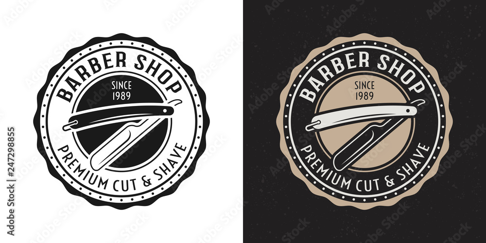 Straight razor vector vintage round badge or logo