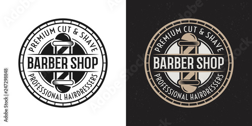 Barbershop vector badge, emblem with barber pole
