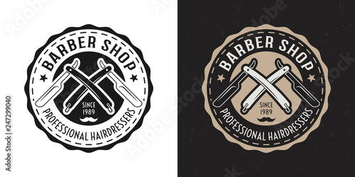 Barbershop vector badge with straight razors