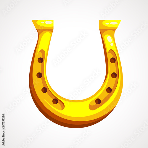 Cartoon golden horseshoe for luck, lucky St. Patrick s day symbol.