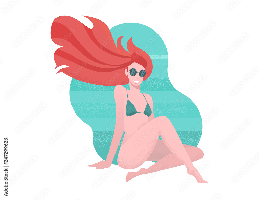 Young slim red-haired woman in separate bikini sits on ground with her legs crossed. Long hair fluttering in wind. Modern flat illustration with textures in cartoon style on abstract sea background. Young slim red-haired woman in separate bikini sits on ground with her legs crossed. Long hair fluttering in wind. Modern flat illustration with textures in cartoon style on abstract sea background.