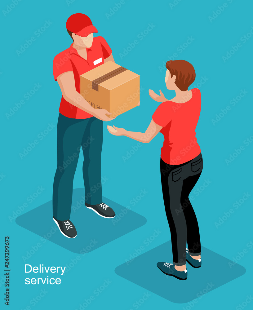 The Deliveryman Gives The Box To The Woman Customer Door To Door Delivery Service Concept Isometric Vector Illustration Stock Vector Adobe Stock