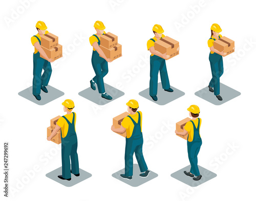 Warehouse workers wearing yellow T-shirts, coveralls and safety helmets hold boxes in their hands. Isometric image. Vector set isolated on white background