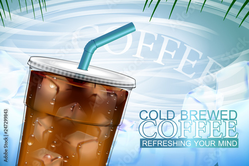Iced coffee takeaway cup with ice background