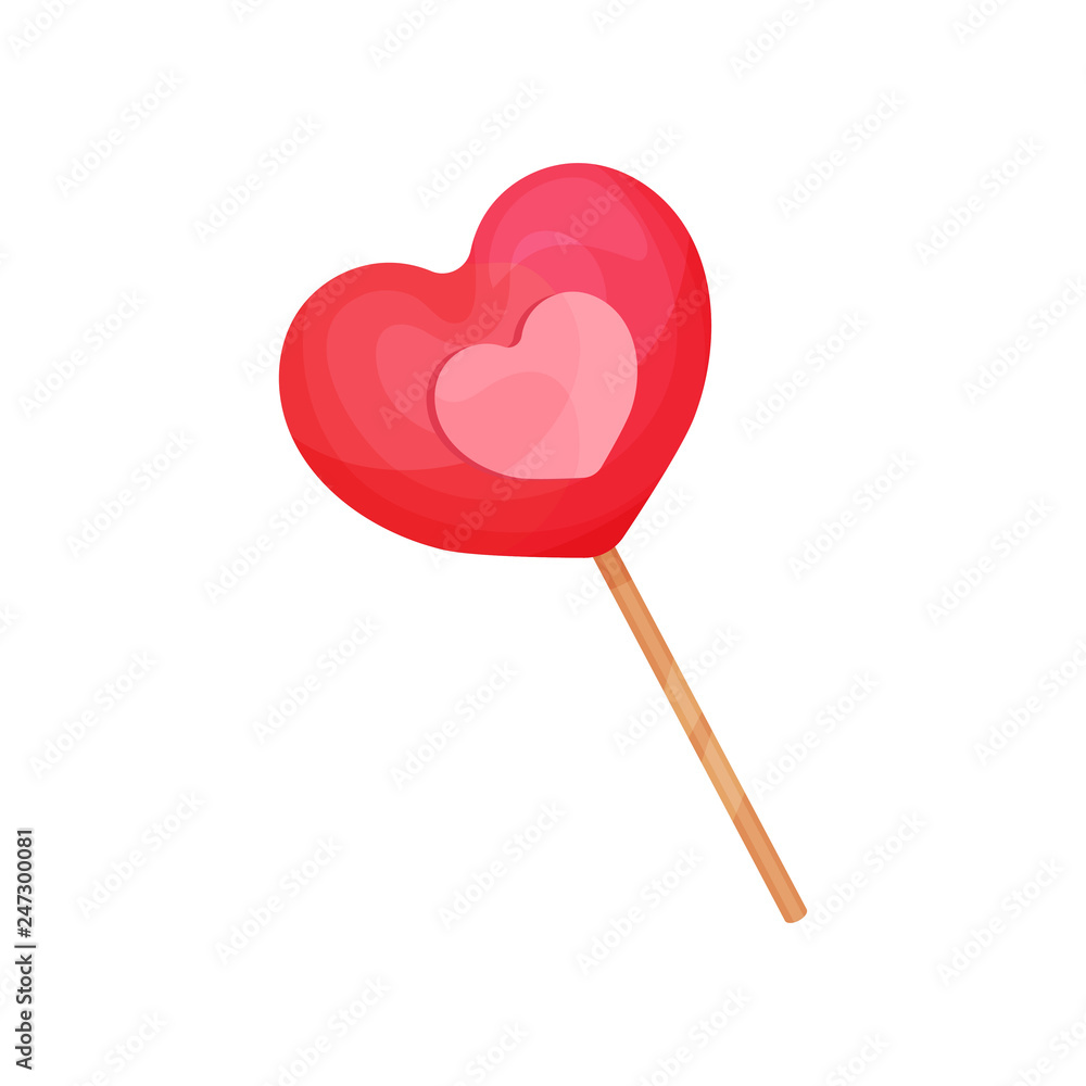 Pink lollipop in shape of heart. Candy on wooden stick. Sweet holiday dessert. Valentine s day theme. Flat vector Pink lollipop in shape of heart. Candy on wooden stick. Sweet holiday dessert. Valentine s day theme. Flat vector