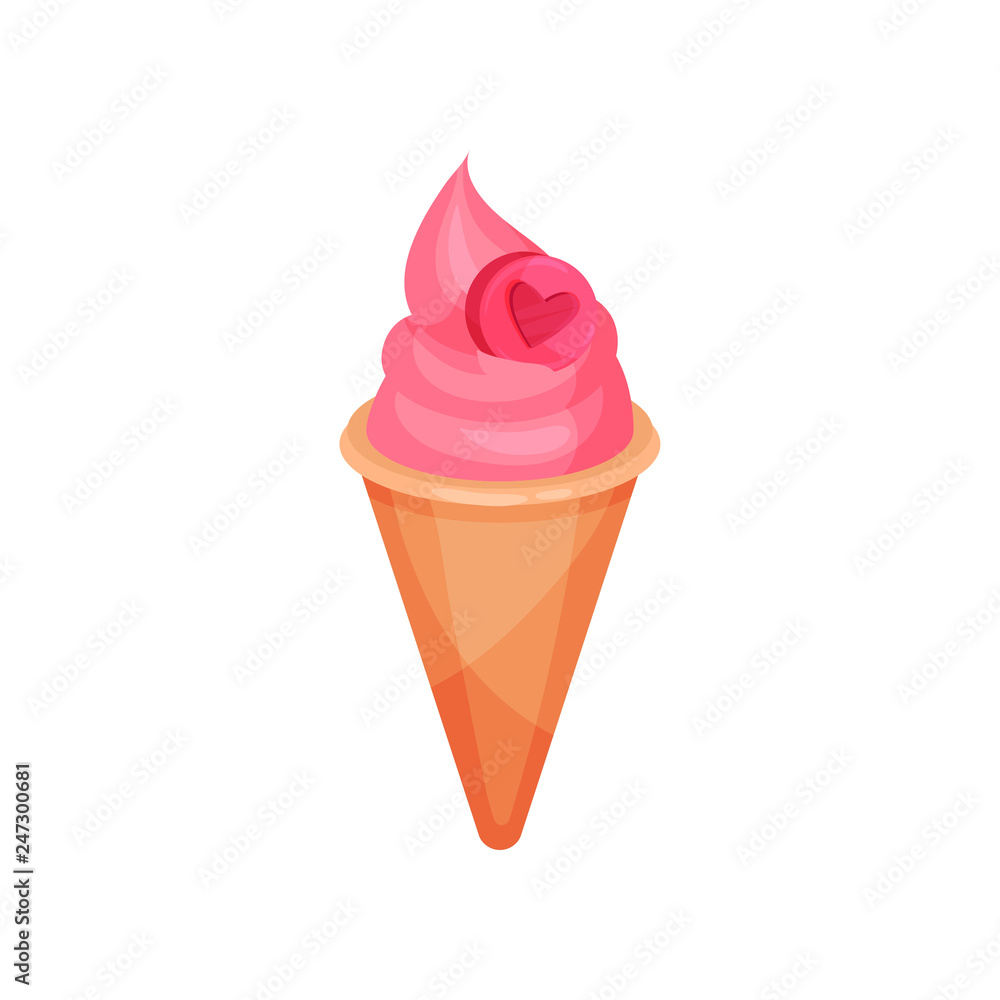Ice-cream in waffle cone decorated with pink heart. Tasty dessert. Sweet food. Valentine s day theme. Flat vector icon