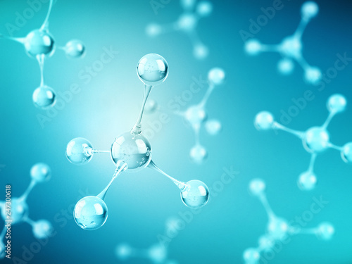 Molecule or atom structure on blue background. Science, medical, chemistry and biotechnology concept. 3d rendering
