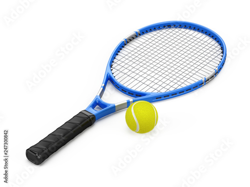 Tennis racquet and tennis ball isolated on white - 3d rendering © Sashkin