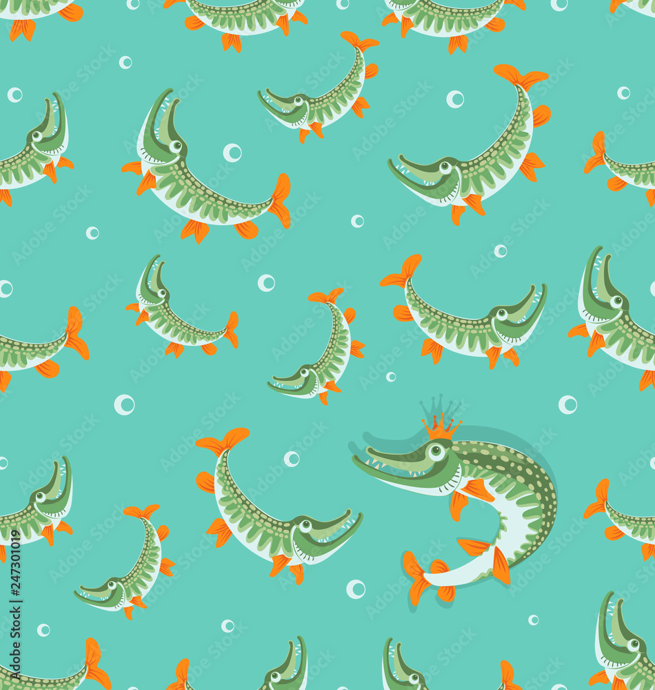 Fototapeta premium Pikes. Queen pike. Seamless pattern. Great pike. Design for the club of fishing enthusiasts, for printing on fabrics or paper.