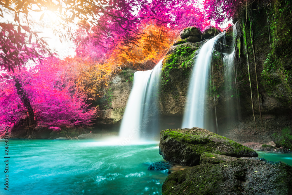 Amazing in nature, beautiful waterfall at colorful autumn forest in fall season Amazing in nature, beautiful waterfall at colorful autumn forest in fall season
