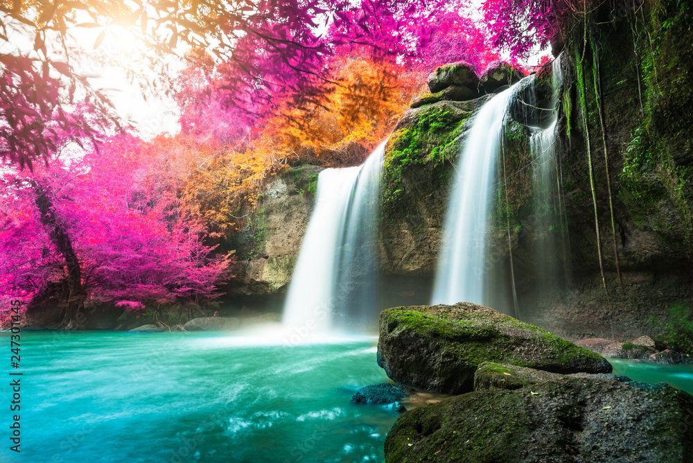 Amazing in nature, beautiful waterfall at colorful autumn forest in fall season 