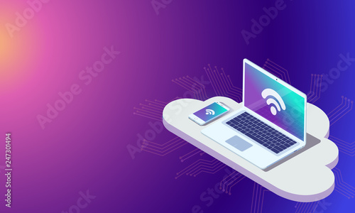 Web development and coding. Cross platform development website. Adaptive layout internet page or web interface on screen laptop, tablet and phone. Isometric concept illustration.