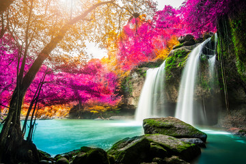 Amazing in nature, beautiful waterfall at colorful autumn forest in fall season 