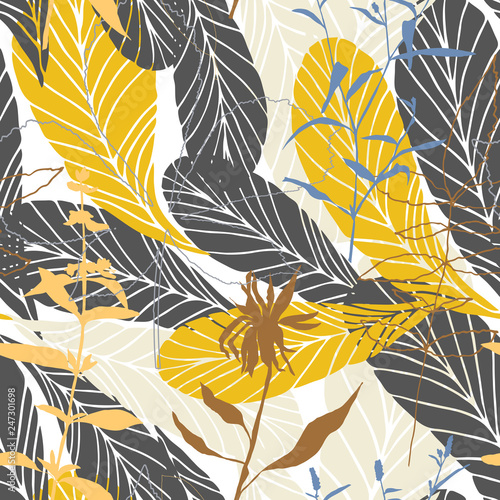 Leaves and flowers background. Vector seamless pattern with hand drawn realis...