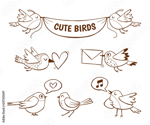 Hand drawn cute bird icons, isolated on white background. Vector illustration.