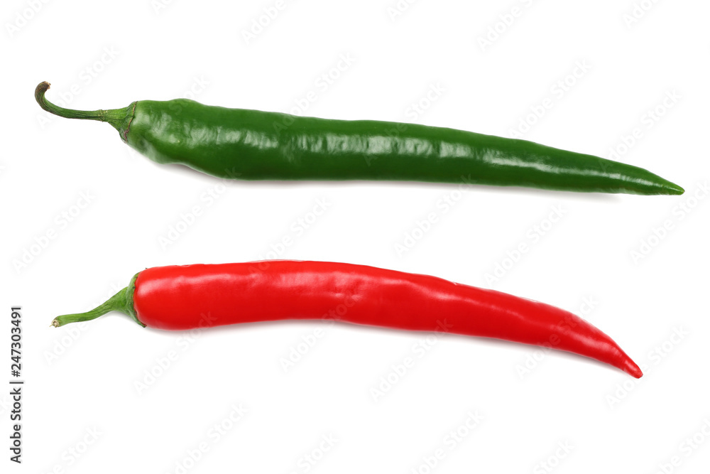 green and red hot chili peppers isolated on white background. top view