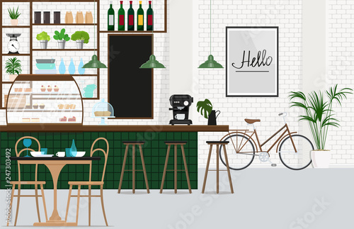 Interior design cafe with a bar, a showcase with baked, coffee machine, bar stools, dining room group. Vector flat illustration.