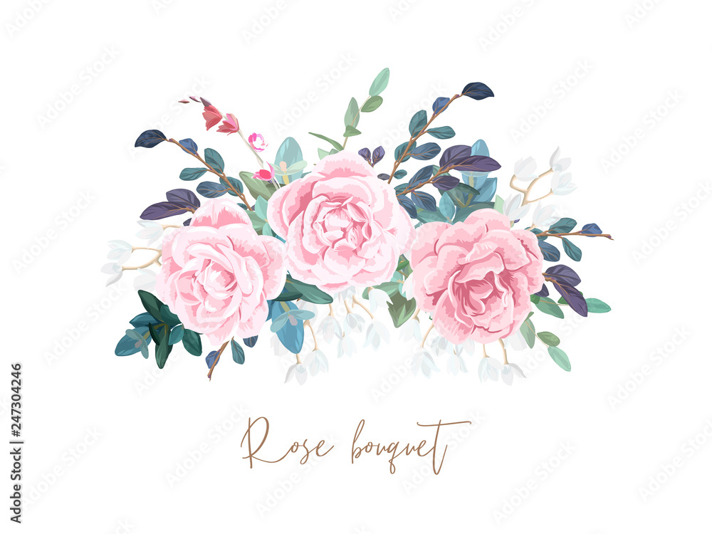 Decorative horizontal garland composition of pale roses, white spring flowers, eucalyptus and succulents. Light floral bouquet for wedding invitations and romantic cards. Hand drawn vector Decorative horizontal garland composition of pale roses, white spring flowers, eucalyptus and succulents. Light floral bouquet for wedding invitations and romantic cards. Hand drawn vector