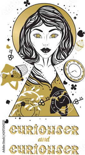 Alice in wonderland illustration with keyhole and girl.Tattoo art and double exposure style. Hand drawn quote "curiouser and curiouser".
