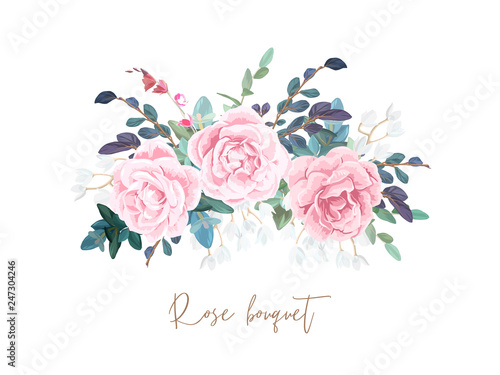 Decorative horizontal garland composition of pale roses, white spring flowers, eucalyptus and succulents. Light floral bouquet for wedding invitations and romantic cards. Hand drawn vector