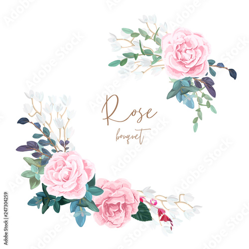 Decorative corner composition of pale roses, white spring flowers, eucalyptus and succulents. Light floral bouquet for wedding invitations and romantic cards. Hand drawn vector illustration.