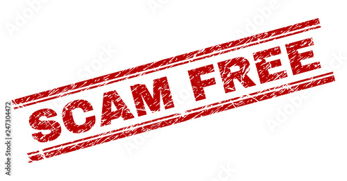 SCAM FREE seal imprint with corroded texture. Red vector rubber print of SCAM FREE label with retro texture. Text label is placed between double parallel lines.
