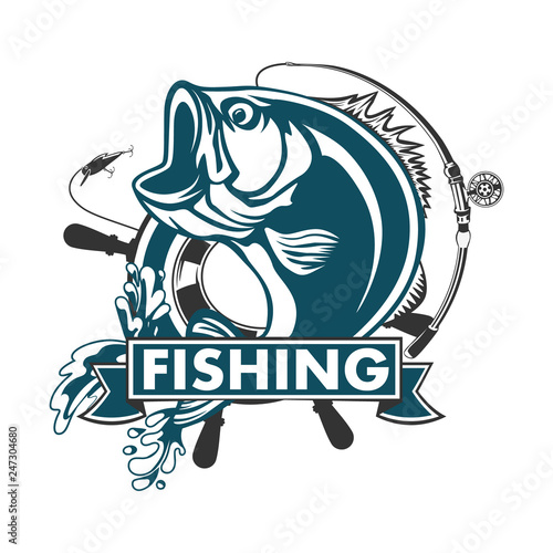Fishing bass logo. Bass fish with rod club emblem. Fishing theme illustration. Fish Isolated on white.