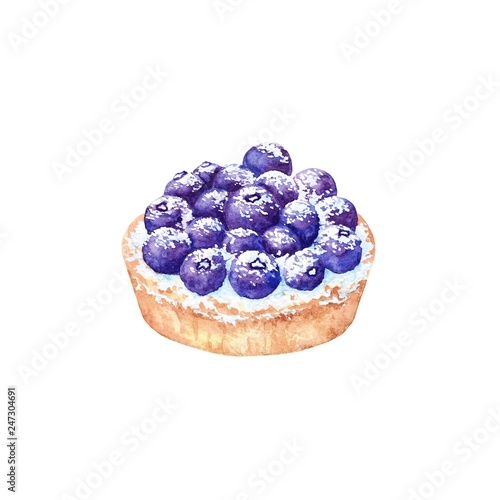 Delicious hand drawn tart with blueberries. Watercolor realistic illustration on white background. Sweet dessert.