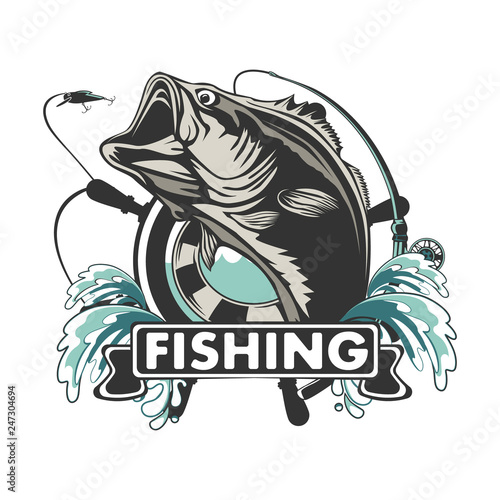 Fishing bass logo. Bass fish with rod club emblem. Fishing theme illustration. Fish Isolated on white.