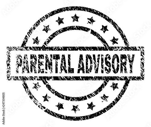 PARENTAL ADVISORY stamp seal watermark with distress style. Designed with rectangle, circles and stars. Black vector rubber print of PARENTAL ADVISORY label with corroded texture.