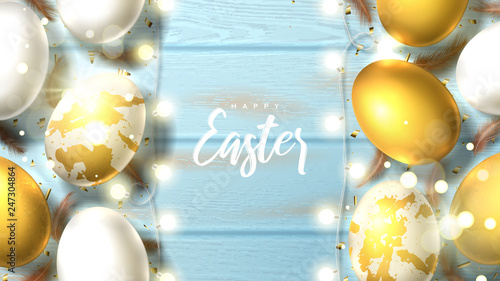 Beautiful festive banner for Happy Easter. Beautiful banner with realistic white and gold Easter eggs, sparkling golden confetti, shining garland and chicken feathers. Holiday vector illustration.
