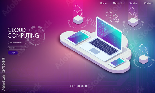 ..Software, web development, cloud programming concept. Abstract Programming language and program code on screen laptop. Laptop and icons company network . Technology process of Software development
