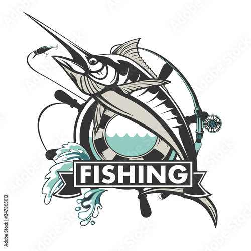 Marlin fish logo.Sword fish fishing emblem for sport club. Angry marlin fishing background theme vector illustration.