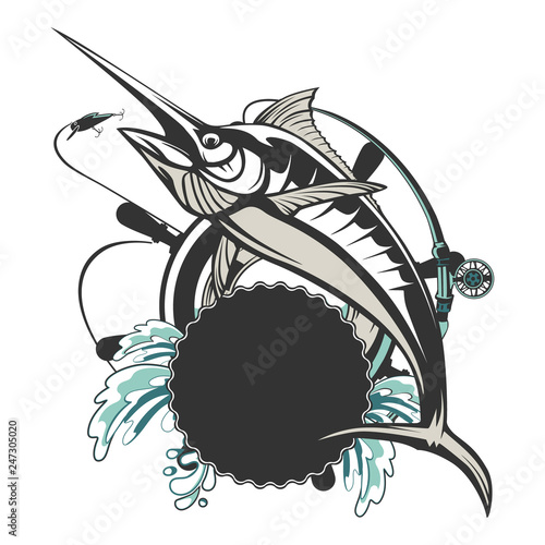 Marlin fish logo.Sword fish fishing emblem for sport club. Angry marlin fishing background theme vector illustration.