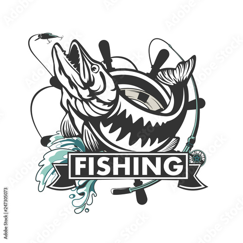 Pike fishing emblem. Pike fish logo vector. Outdoor fishing background theme. Angry fish logo.