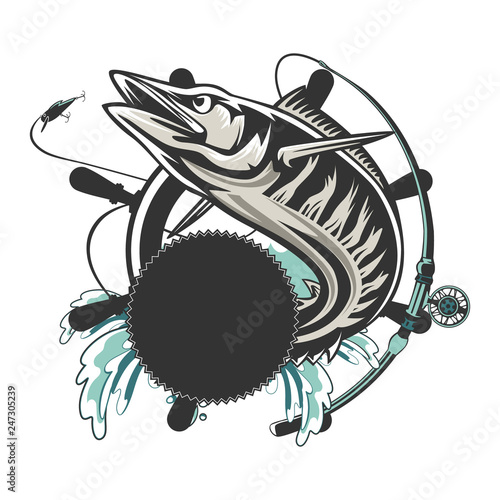 Download Wahoo Fish Fishing Logo Vector Acanthocybium Solandri Scombrid Fish Jumping Up Fishing Emblem On White Background Stock Vector Adobe Stock