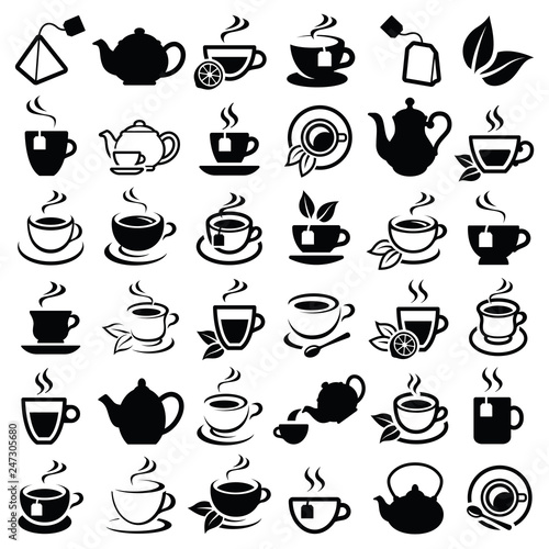 Tea icon collection - vector outline illustration and silhouette