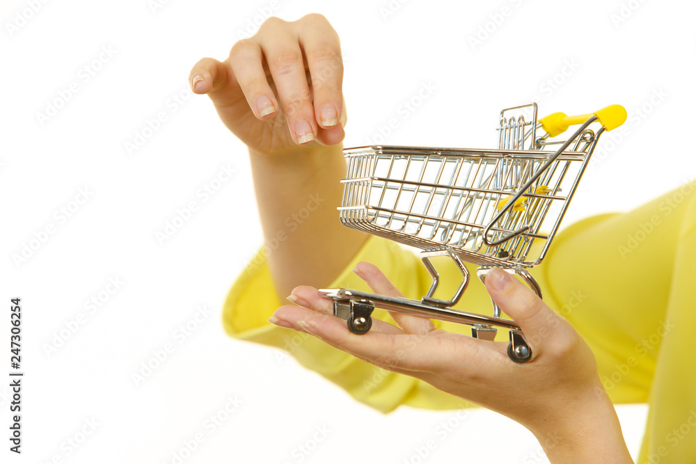 Woman holding small shopping cart Woman holding small shopping cart