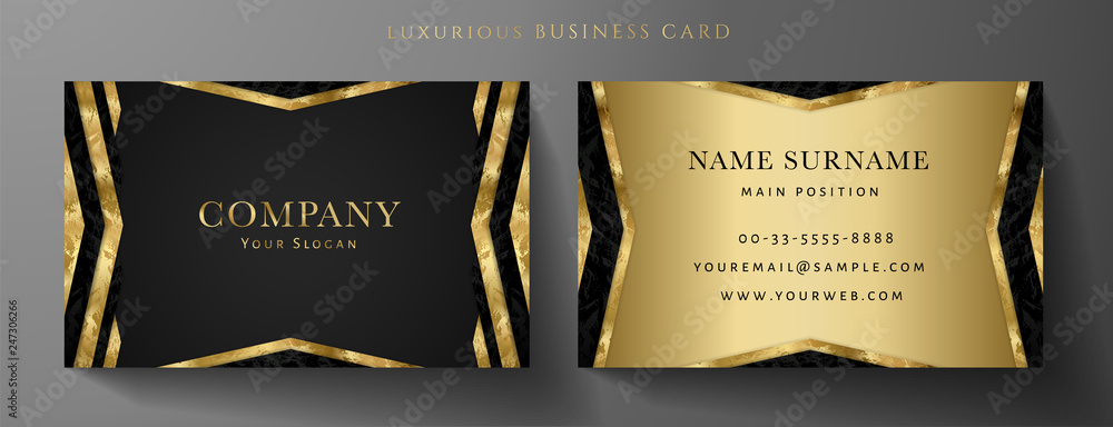 Luxury golden business card template (Gold VIP Gift Card). Art Deco black  background. Luxe modern vector graphic design set. Luxurious company style  Stock Vector | Adobe Stock