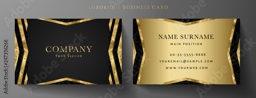 Luxury golden business card template (Gold VIP Gift Card). Art Deco black background. Luxe modern vector graphic design set. Luxurious company style