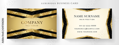 Luxury golden business card template (Gold VIP Gift Card). Art Deco geometric background with black elements. Luxe modern vector graphic design set. Luxurious company style